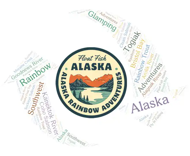 Float Fish Alaska word cloud featuring Kanektok River, Goodnews River, rainbow trout fishing, and Alaska wilderness destinations